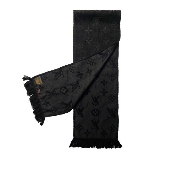 Louis Vuitton LV Monogram Logomania Black & Black Wool Silk Scarf Unisex $635 - Picture 5 of 16
